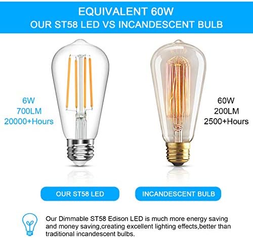 Vintage LED Edison Ampul, 6W, Eşdeğer 60W, Yumuşak Beyaz 2700k, Kısılabilir Olmayan Led Filament Ampul, E26 Taban, Yüksek CRI