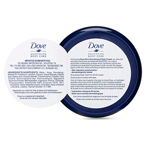 Dove Besleyici Vücut Bakımı Yüz, El ve Vücut 48 Saatlik Nemlendirme ile Ekstra Kuru Ciltler için Zengin Besleyici Krem, 2.53