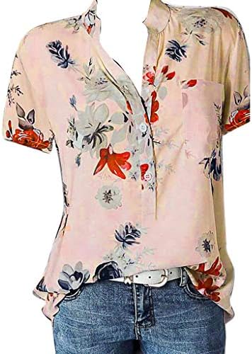 FNJJLU Kadın Bluzlar Çiçek Baskı Kısa Kollu Üstleri Artı Boyutu Trendy Tee Gömlek