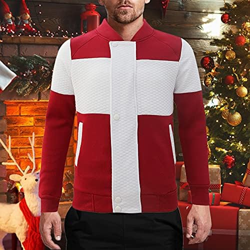 ZDFER Noel Tişörtü Mens için, Noel Renk Blok Patchwork Fermuar Düğme Aşağı Spor Beyzbol Rahat Pamuk Ceket