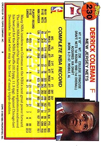 1992-93 Topps Altın Basketbol 230 Derrick Coleman New Jersey Nets Resmi NBA Basketbol Ticaret Kartı Ham (NM veya Daha İyi) Durumda