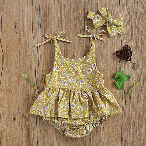 Tiacham Bebek Kız Çiçek Romper Kafa Bandı ıle 2 Adet Kıyafet Yaz Kolsuz Bodysuit Fırfır Tulum