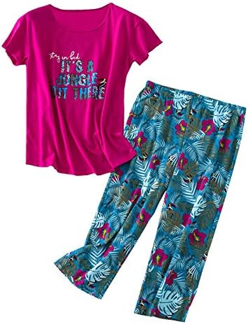 GTLY kadın Artı Boyutu Pijama Setleri kapri pantolonlar Kısa Üstleri Pamuk Pijama Bayanlar Sevimli Karikatür Baskı Uyku Setleri