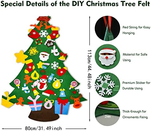 Noel süslemeleri hediyeler, 3.7 FT boyunda DIY keçe yılbaşı ağacı seti ile 37 el sanatları süsler & 10FT LED dize ışıkları, kapalı
