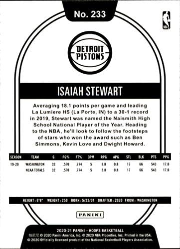 2020-21 NBA Çemberler 233 Isaiah Stewart RC çaylak Detroit Pistons Resmi Panini Basketbol ticaret kartı (Stok fotoğraf, NM-MT