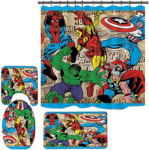 Stayhousi Marvel Süper Kahraman Banyo Seti Kaptan Amerika ve Hulk Duş Perdesi Kilim, Waterpoof Kumaş Duş Perdeleri Banyo Dekor