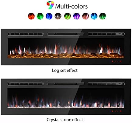 GMHome 60 İnç Gömme Elektrikli Şömine Duvara Monte Duvara Monte ısıtıcı Günlük Seti ve Kristal, 9 Değiştirilebilir Renk, Uzaktan
