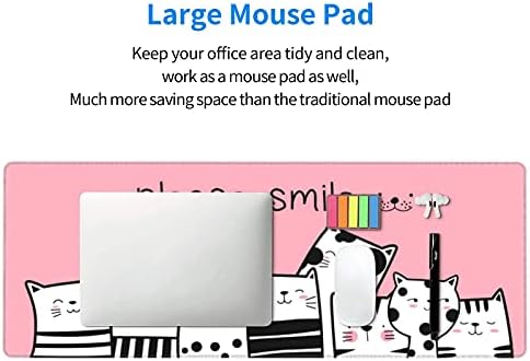 Lütfen Gülümseme Pembe Kedi Oyun Mouse Pad 31.5×11.8 İnç Dikişli Kenarları ile Genişletilmiş Su Geçirmez Masa Pedleri Kaymaz