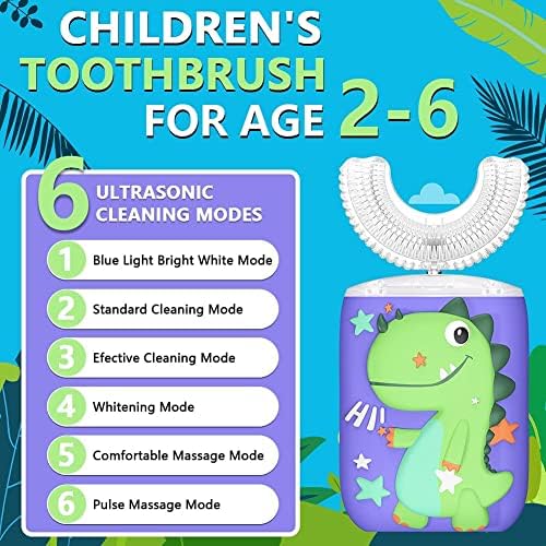 HAPPYW-XFU Çocuklar Elektrikli Diş Fırçası, U Şekilli Otomatik Sonic Diş Fırçası Çocuklar 6 Modları IPX7 Su Geçirmez Karikatür
