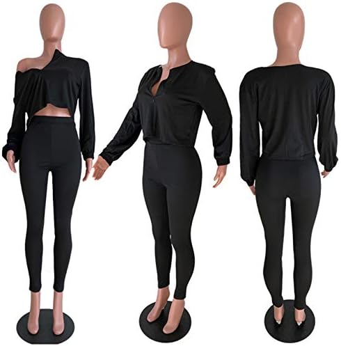 Kadın Seksi 2 Parça Eşofman Kıyafet Uzun Kollu 1/4 Zip Up Mahsul Tops Skinny Uzun Yığılmış Pantolon Eşofman Set