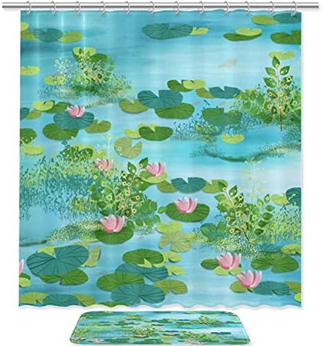 Lotus Gölet Duş Perdesi ve Mat Seti, Banyo Kumaş Perdeler Su Geçirmez Renkli Komik Hooks ile, 70.8 tarafından 70.8