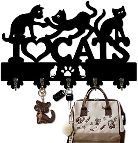 5 Kancalı Kedi Anahtarlık - Dekoratif Ahşap Duvar Kancası Rafı,Mont, Şapka, Anahtar, Havlu, Giysi için-11. 8x7. 8x0” 3 Siyah