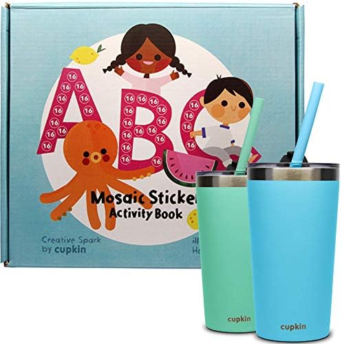 PAKET: Mozaik Alfabe ABC Çıkartma Kitabı Seti + 12 oz MAVİ / YEŞİL Renkte Kapaklı ve Pipetli Çocuk Bardakları-3,150 Köpük ve
