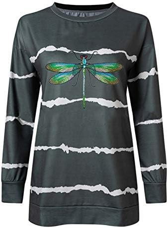 UNBRUVO Sevimli Tişörtü kadın Uzun Kollu Grafik Tees Dragonfly Baskı Crewneck Kazak