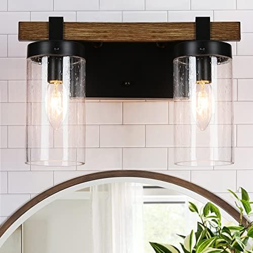 Durent Aydınlatma Çiftlik Evi Vanity ışıkları, Siyah ve Sahte ahşap Banyo aydınlatma armatürleri Ayna Üzerinde 2 Tohumlu Cam