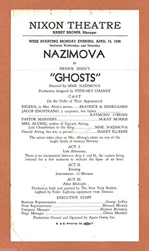 Alla Nazimova HAYALETLER Harry Ellerbe 1936 Nixon Tiyatrosu, Pittsburgh Borda