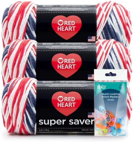 Americana - Kırmızı Kalp Süper Koruyucu İplik 3'lü Paket (Her Biri 5oz) Benzy Dikiş İşaretleyicili Paket (20ct)