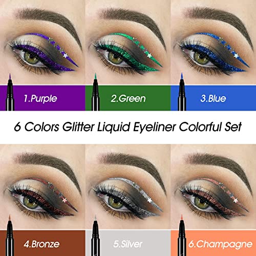DE'LANCI Glitter Eyeliner Seti, 6 Renk Pırıltılı Sıvı Eyeliner Su geçirmez, Yüksek Pigmentli Metalik Saten Finish Renkli Köpüklü