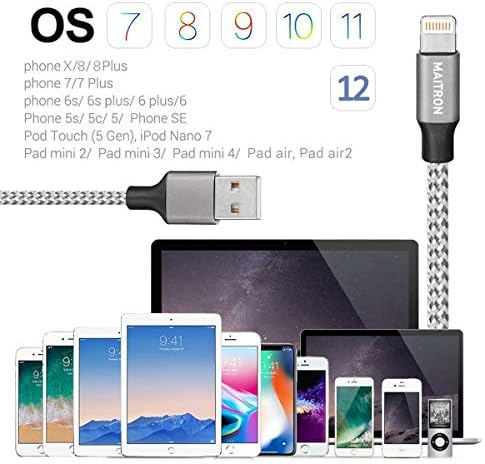iPhone şarj cihazı, Maitron Yıldırım Kablosu 3 PAKET 6FT Naylon Örgülü USB şarj kablosu Yüksek Hızlı Konektör Veri Senkronizasyon