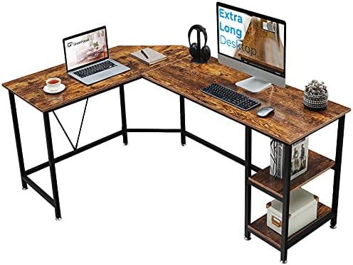 GreenForest L Şekilli Köşe Masası 65.7 inç Depolama Raflı Uzun Oyun Masası Ev Ofis PC İş İstasyonu Yerden Tasarruf Sağlayan dizüstü