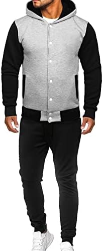 UBST Patchwork Eşofman Mens için, Renk Blok Düğme Kapşonlu Casual Tişörtü Beyzbol Sweatpants 2 Parça Kıyafetler Set