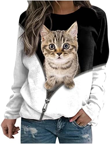 Sevimli Kedi Baskı Gömlek Bayan Uzun Kollu Crewneck Tişörtü Hayvanlar Grafik Tunik Üstleri Gevşek Rahat Kazak