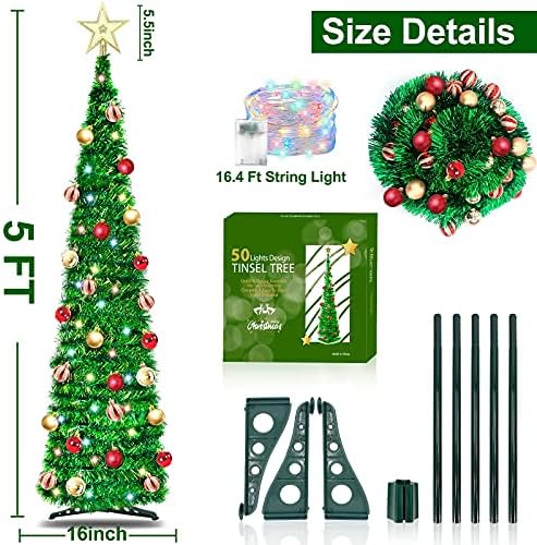TURNMEON 5 Ft Prelit Tinsel Pop Up noel ağacı Zamanlayıcı ile 50 renk ışıkları 30 Top Süsler Yıldız Pil Işletilen Kalem yapay