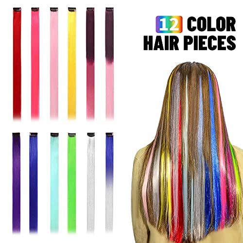 12 Adet Renkli saç ekleme, gökkuşağı klipsli postiş Renkli Çocuklar Kızlar Kadınlar için Parti Vurgulamaktadır Sentetik Düz Saç
