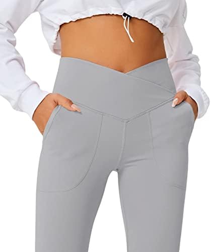 BEELADAN kadın Bölünmüş Yoga Pantolon Düz Renk Yüksek Bel Flare Pantolon Çan Alt Egzersiz Pantolon ile Cepler