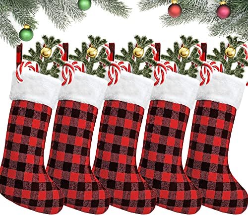 Iceyyyy 4 Set Noel Stockings - 16.5 İnç Kırmızı ve Siyah Buffalo Ekose Noel Çorap Süs ile Peluş Manşet için Aile Tatil Noel Parti
