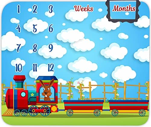 Kırmızı Karikatür Tren Milestone Battaniye için Bebek, 48x40 inç Mavi Gökyüzü ve Beyaz Bulutlar Fotoğraf Battaniye için Toddler,Bebek