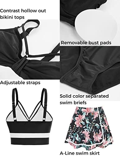 Kate Kasin Kadınlar 3 Parça Mayo Dantelli Kesme Kontrast Bikini Üst Çiçek Baskı Karın Kontrol Yüzmek Etek Örtbas