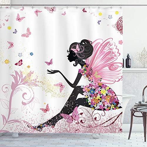 Ambesonne Moda Duş Perdesi, Peri Kız Kanatları ile bir Çiçek Elbise Fantezi Bahçe Uçan Kelebekler, bez Kumaş Hooks ile Banyo