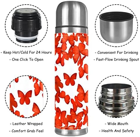 Lılıbeely 17 oz Vakum Yalıtımlı Paslanmaz Çelik Su Şişesi Spor Kahve Seyahat Kupa Flask Hakiki Deri Sarılmış BPA Ücretsiz, kırmızı